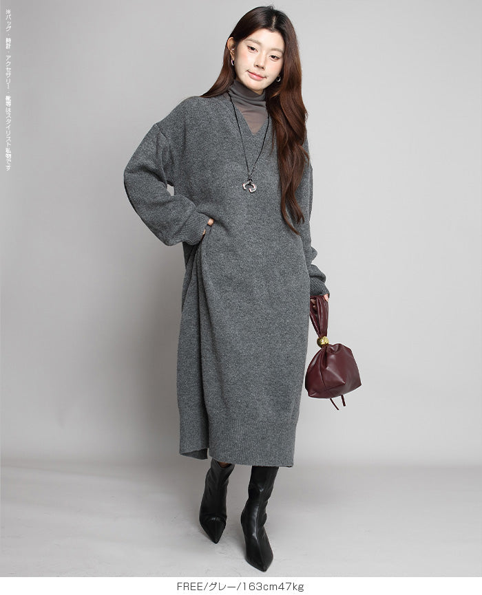 05color Vネックニットルーズワンピース