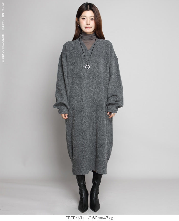 05color Vネックニットルーズワンピース