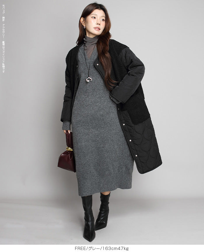 05color Vネックニットルーズワンピース