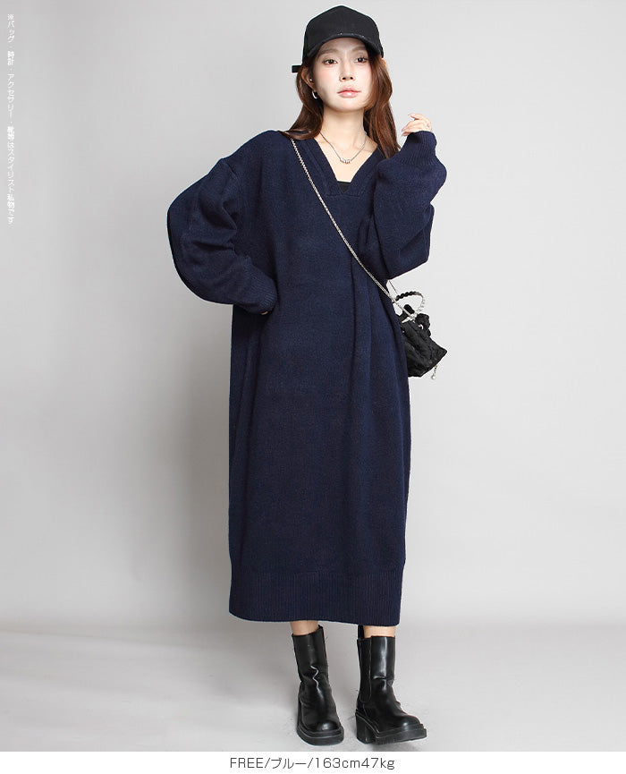 05color Vネックニットルーズワンピース