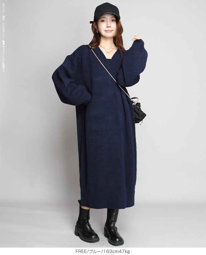 05color Vネックニットルーズワンピース