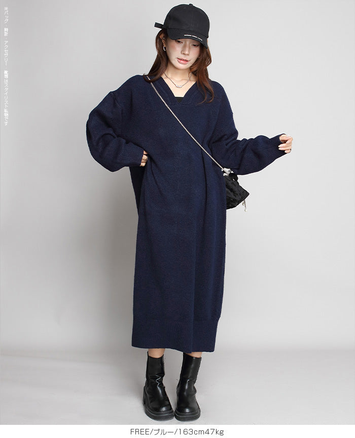 05color Vネックニットルーズワンピース