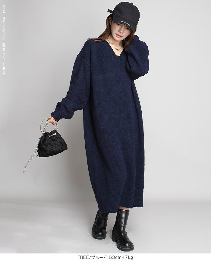 05color Vネックニットルーズワンピース