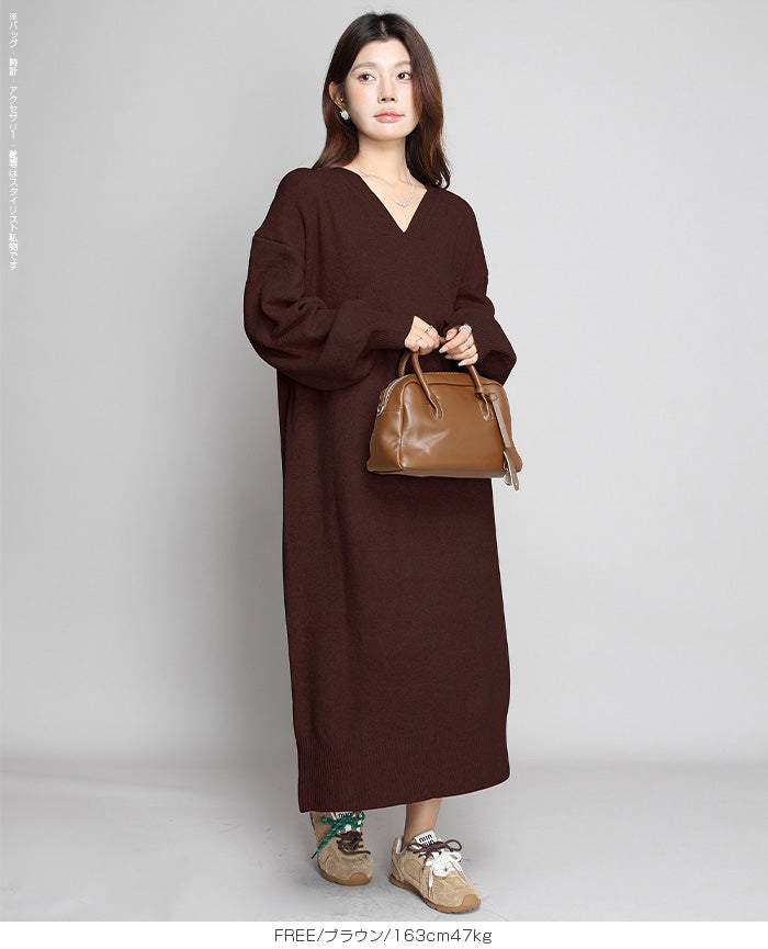 05color Vネックニットルーズワンピース