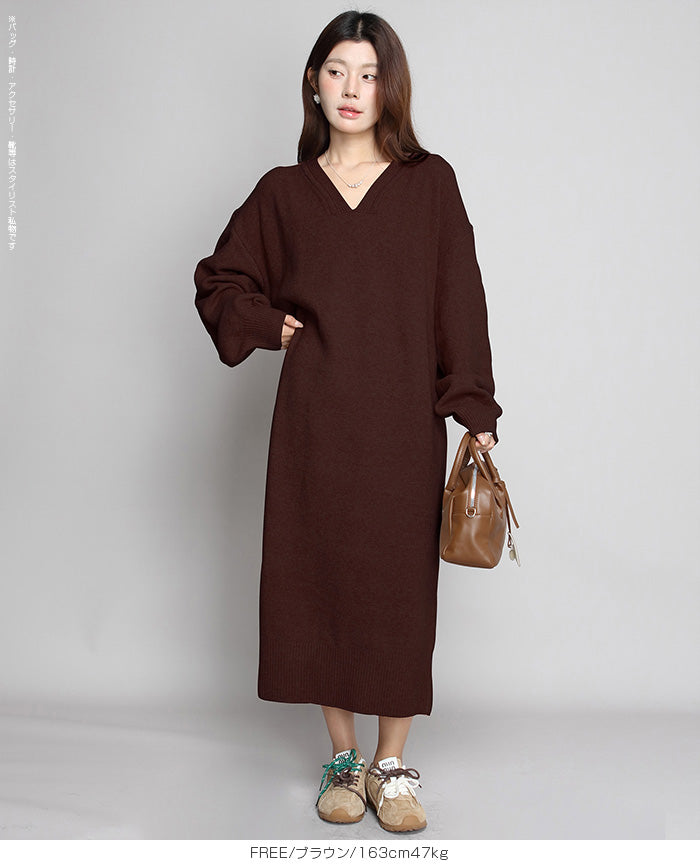 05color Vネックニットルーズワンピース