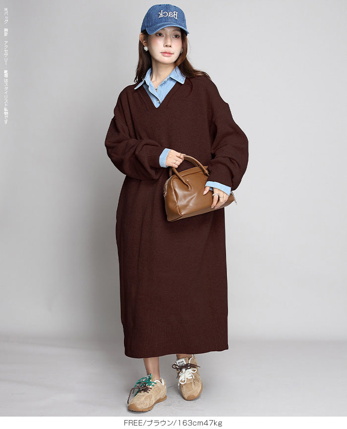 05color Vネックニットルーズワンピース