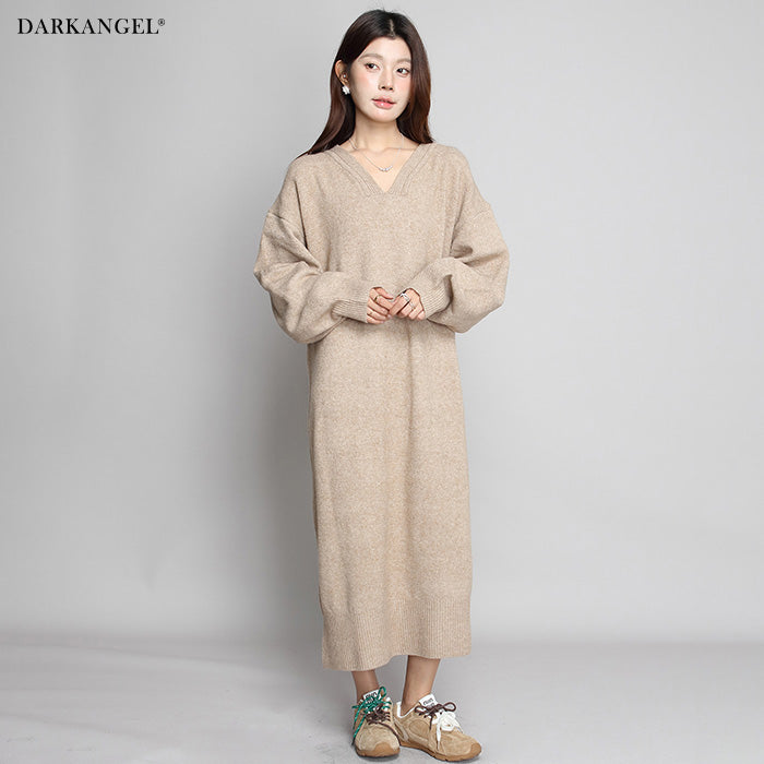 05color Vネックニットルーズワンピース