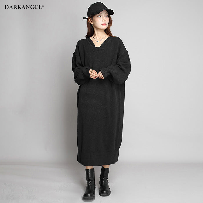 05color Vネックニットルーズワンピース