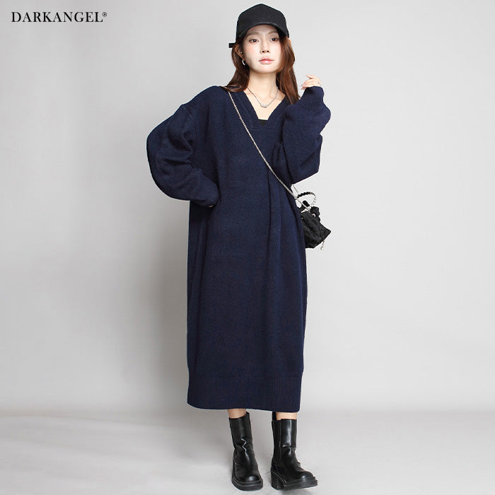 05color Vネックニットルーズワンピース