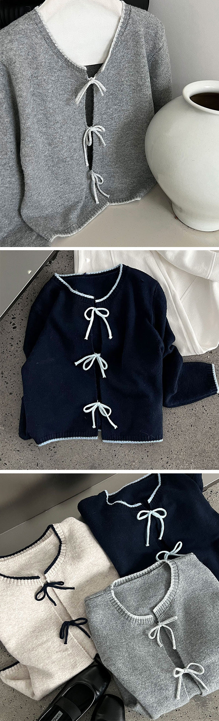 リボンタイ付き配色ニットカーディガン