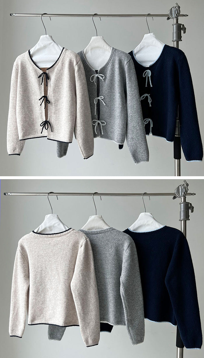 リボンタイ付き配色ニットカーディガン