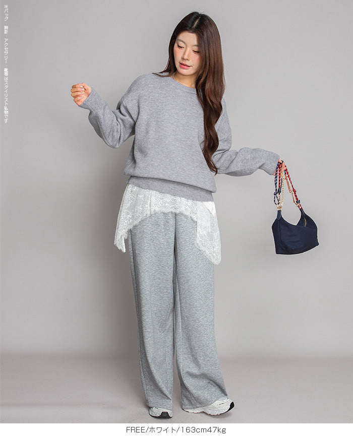 裏起毛レースドッキングロンT