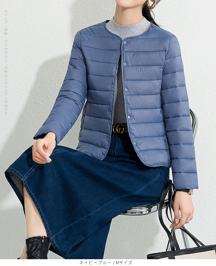 レディース クルーネック中綿インナージャケット 冬新作 スリムフィット インナーダウン Vネック 無地 薄手で暖かい ショート丈 小さめコットンジャケット 【防寒对策軽量ジャケット】