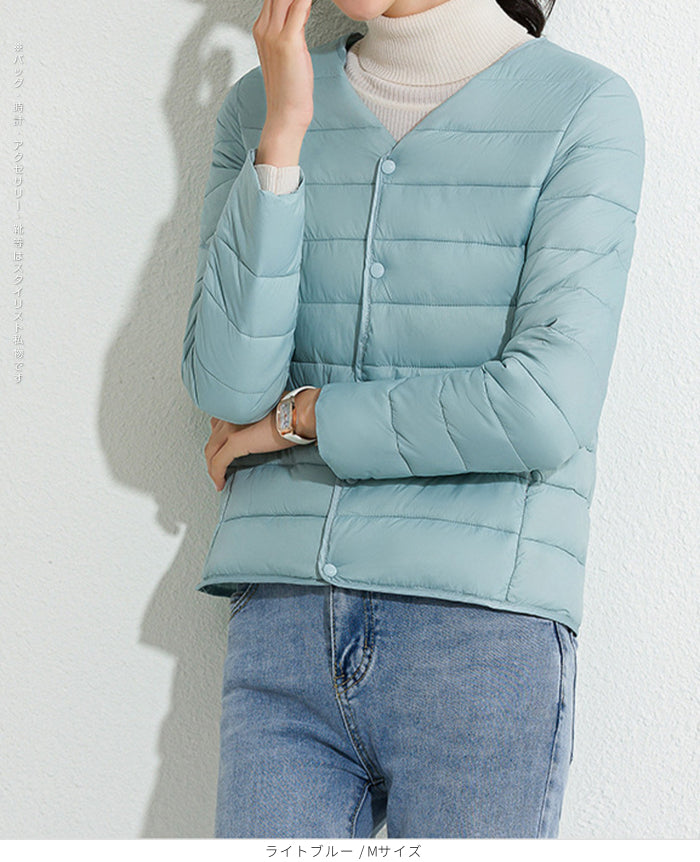 レディース クルーネック中綿インナージャケット 冬新作 スリムフィット インナーダウン Vネック 無地 薄手で暖かい ショート丈 小さめコットンジャケット 【防寒对策軽量ジャケット】