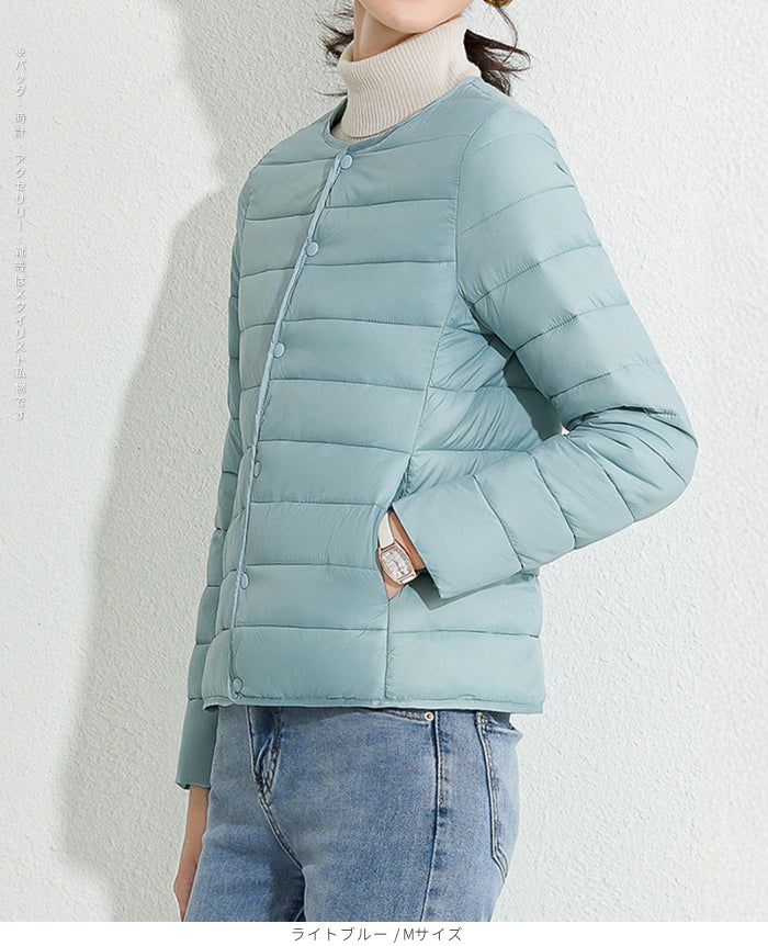 レディース クルーネック中綿インナージャケット 冬新作 スリムフィット インナーダウン Vネック 無地 薄手で暖かい ショート丈 小さめコットンジャケット 【防寒对策軽量ジャケット】