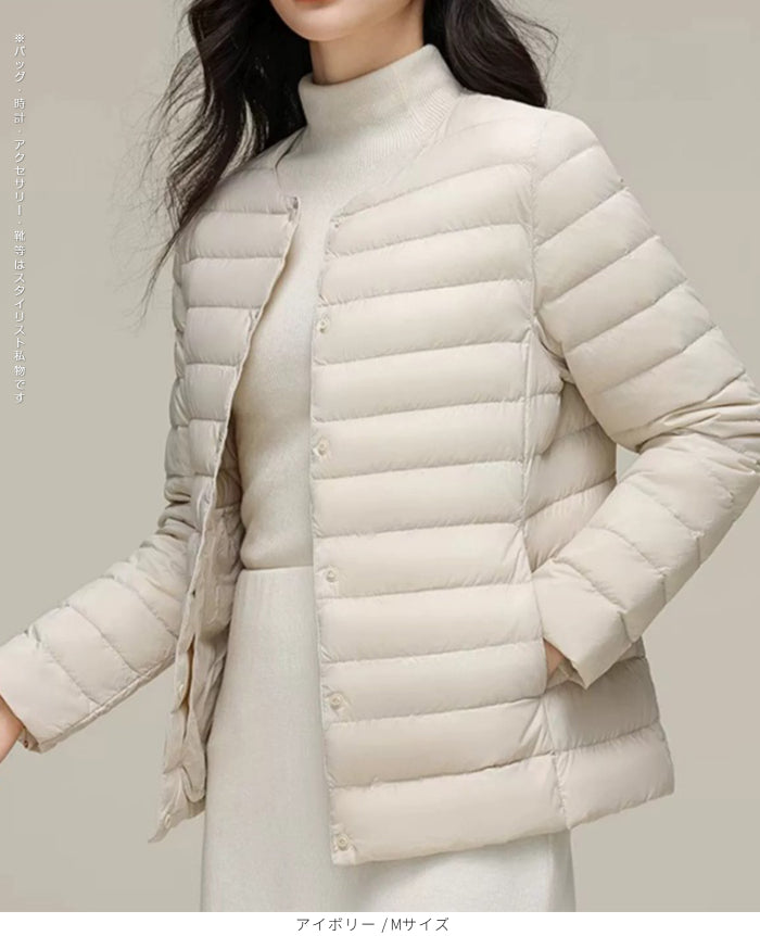 レディース クルーネック中綿インナージャケット 冬新作 スリムフィット インナーダウン Vネック 無地 薄手で暖かい ショート丈 小さめコットンジャケット 【防寒对策軽量ジャケット】