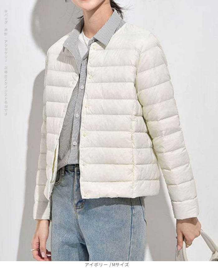 レディース クルーネック中綿インナージャケット 冬新作 スリムフィット インナーダウン Vネック 無地 薄手で暖かい ショート丈 小さめコットンジャケット 【防寒对策軽量ジャケット】