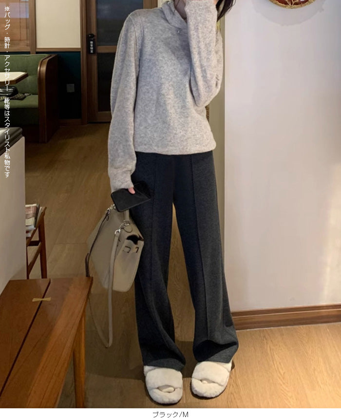 裏起毛ピンタックヘリンボーンワイドパンツ