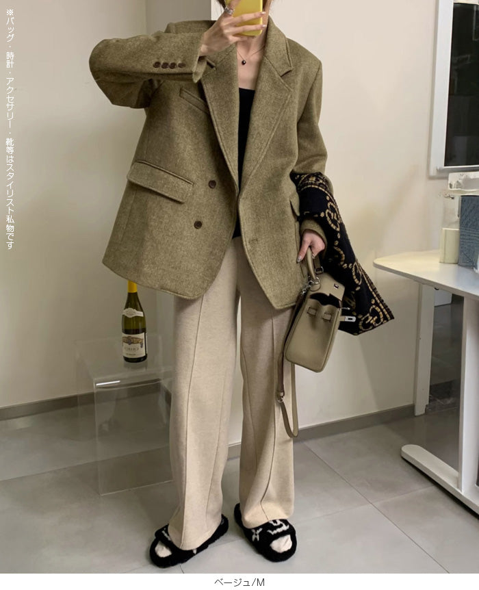 裏起毛ピンタックヘリンボーンワイドパンツ