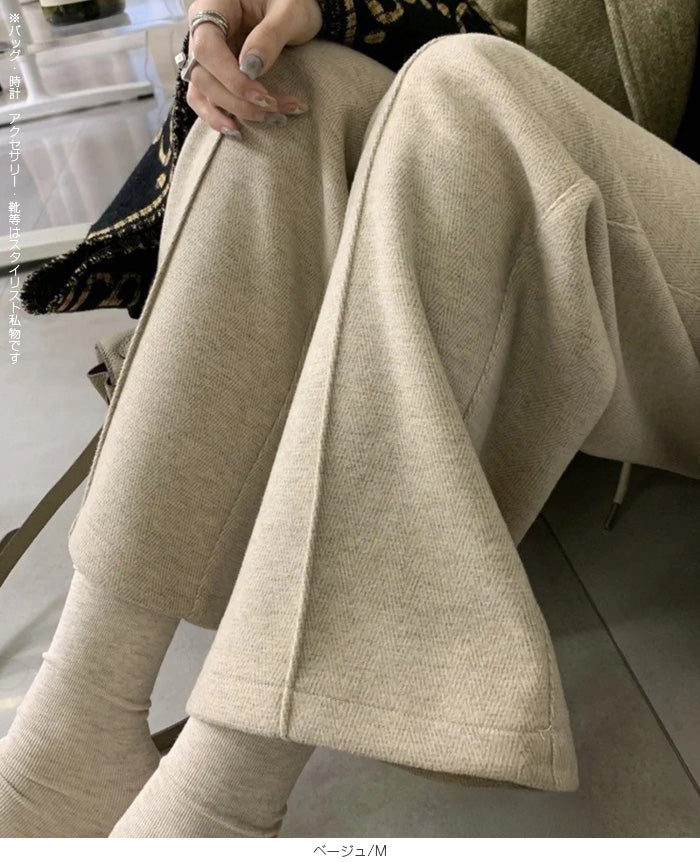 裏起毛ピンタックヘリンボーンワイドパンツ