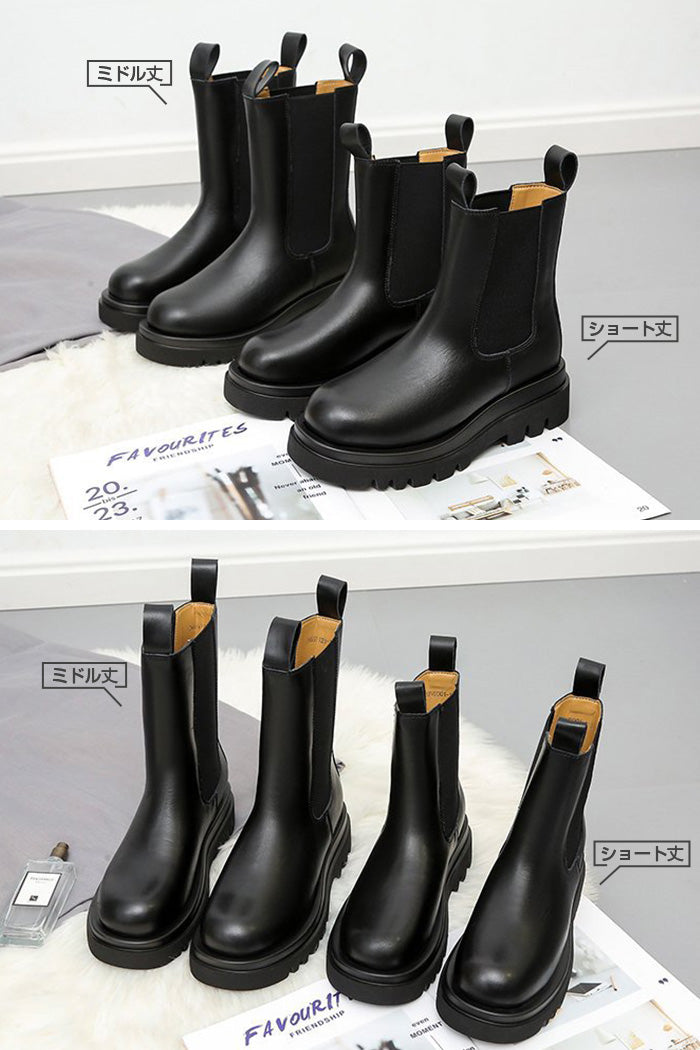 PUレザーサイドゴア厚底ブーツ(ショート/ミドル丈)