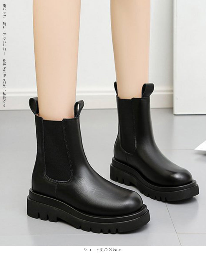 PUレザーサイドゴア厚底ブーツ(ショート/ミドル丈)