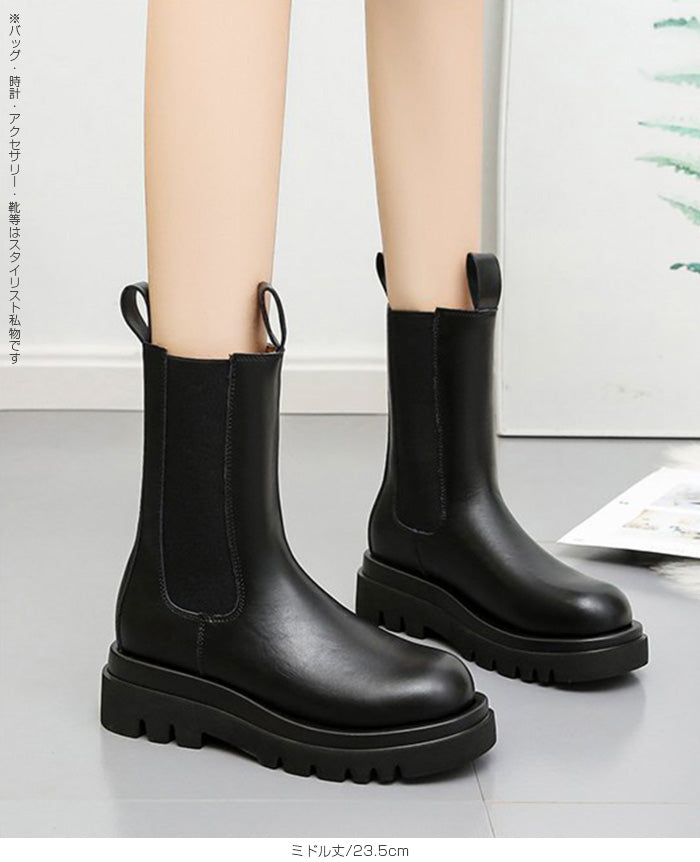 PUレザーサイドゴア厚底ブーツ(ショート/ミドル丈)
