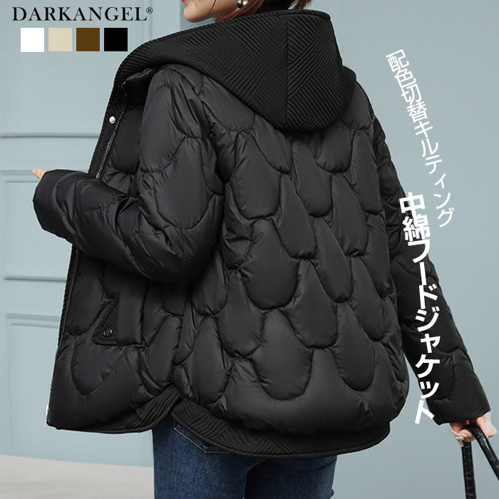 配色切替キルティング中綿フードジャケット