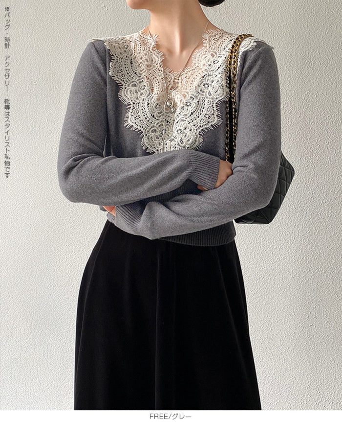 Vネックレースニット