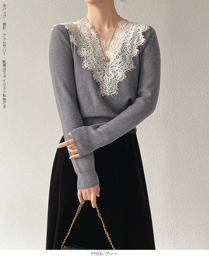 Vネックレースニット