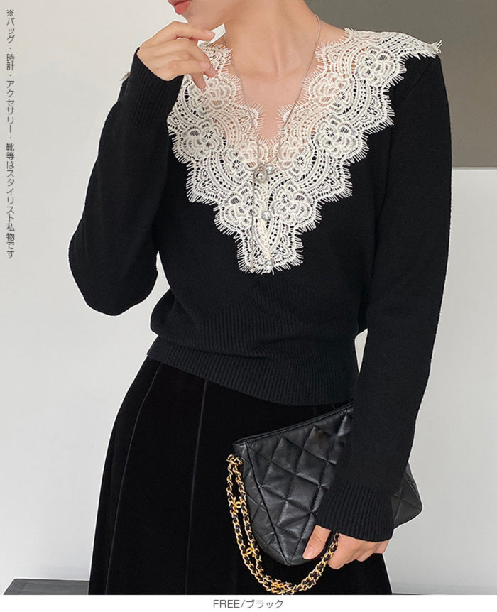 Vネックレースニット