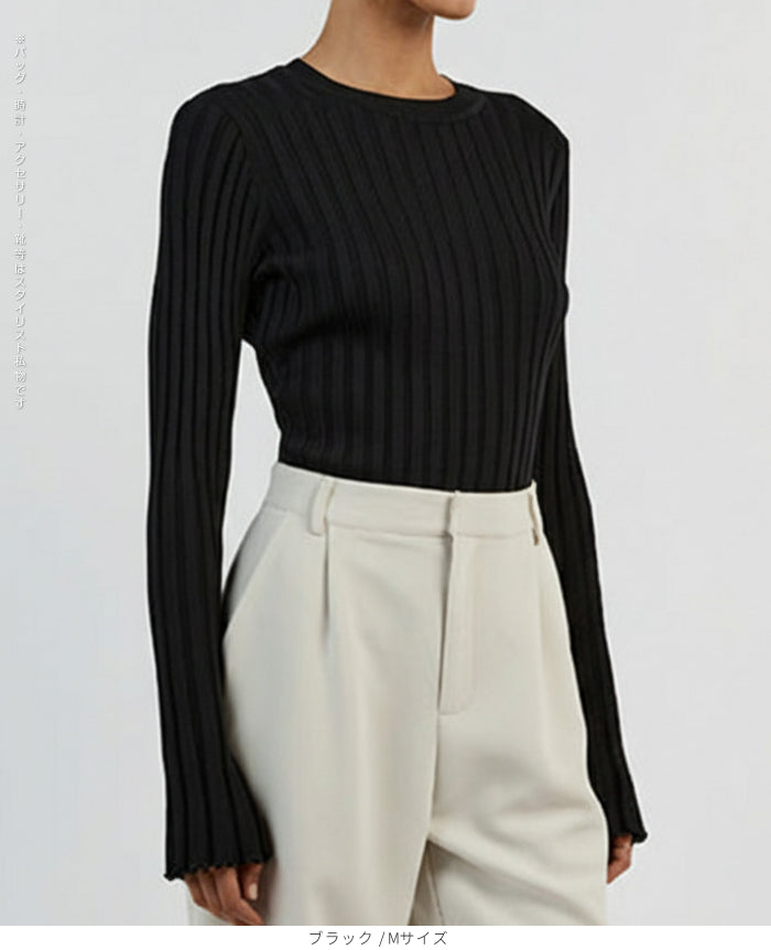 シンプルリブクルーネックニット