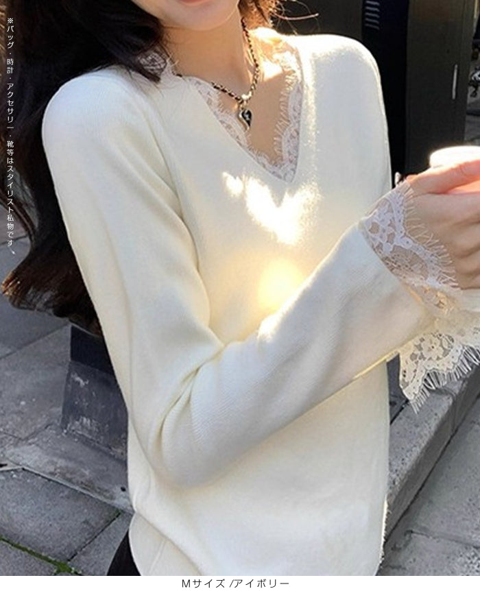 襟&袖レースVネックニット