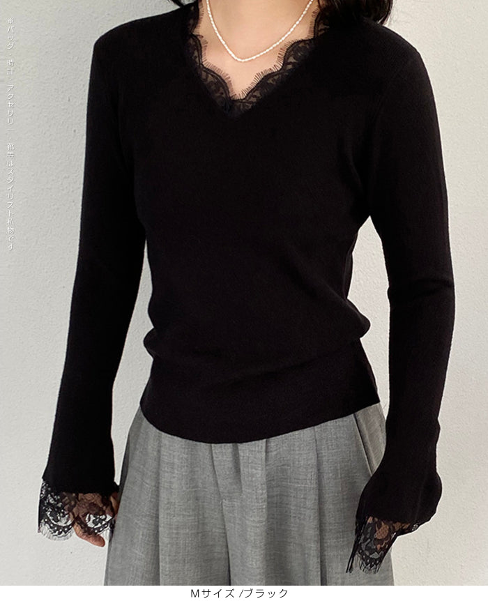 襟&袖レースVネックニット