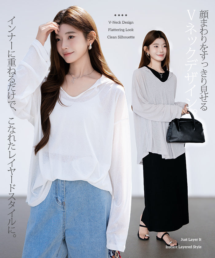 シアーフードVネックロングトップス