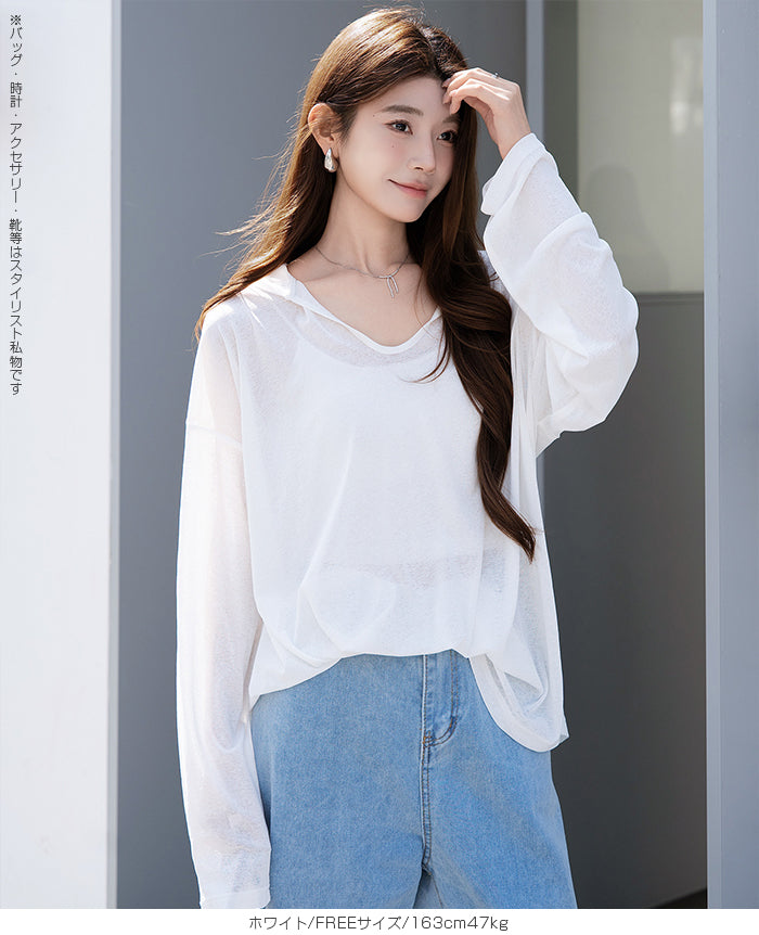 シアーフードVネックロングトップス