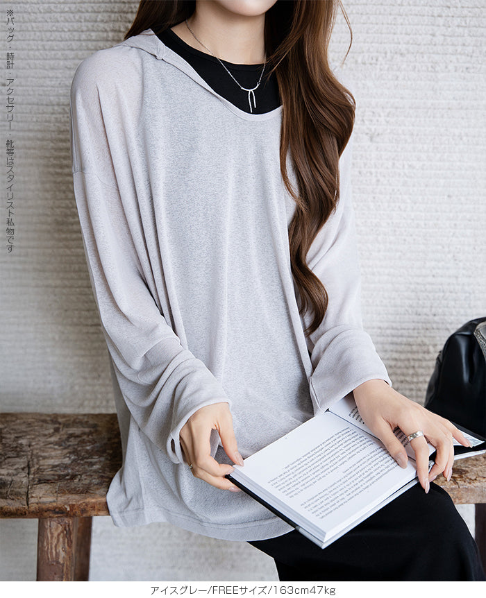 シアーフードVネックロングトップス