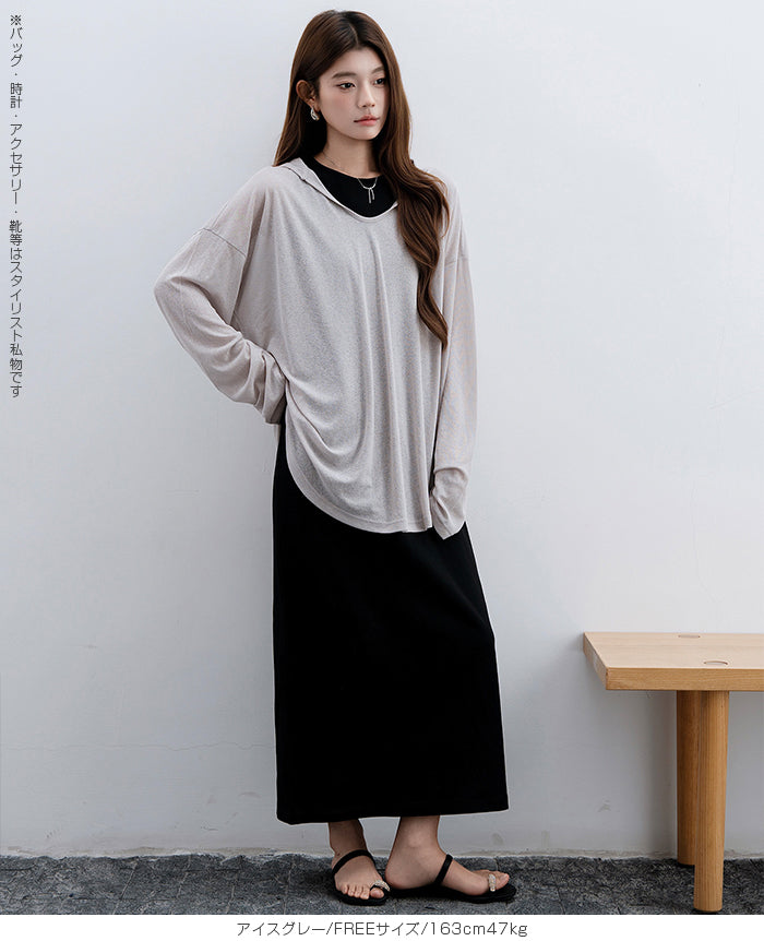 シアーフードVネックロングトップス