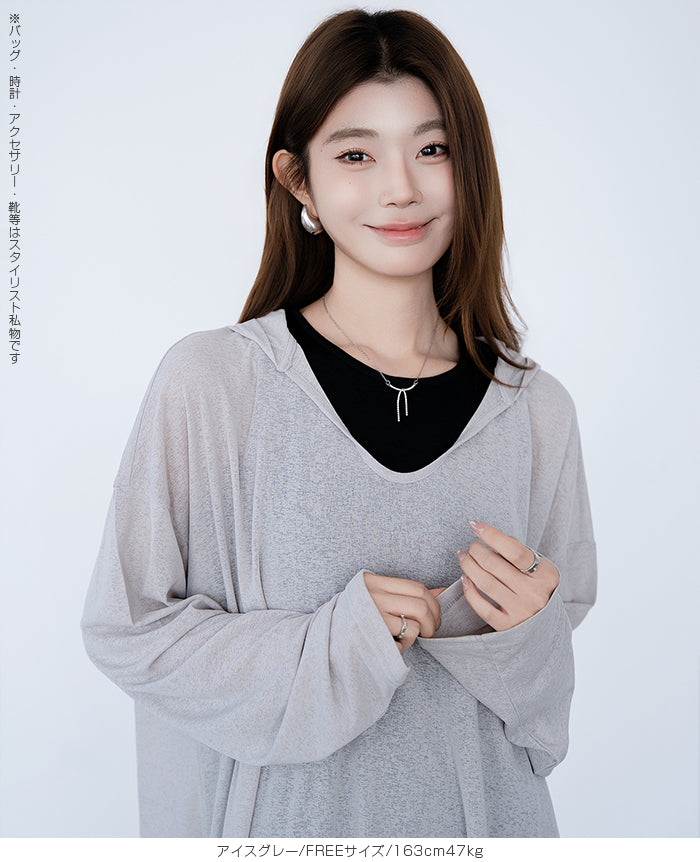 シアーフードVネックロングトップス