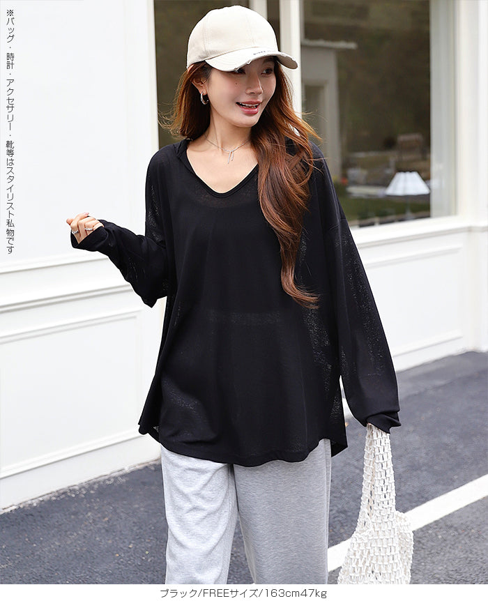 シアーフードVネックロングトップス