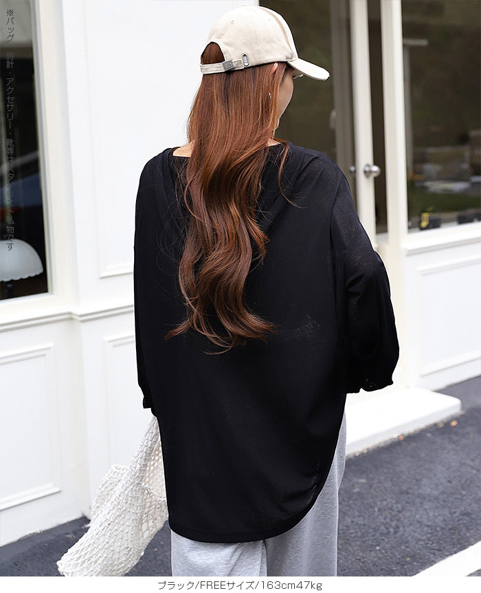 シアーフードVネックロングトップス