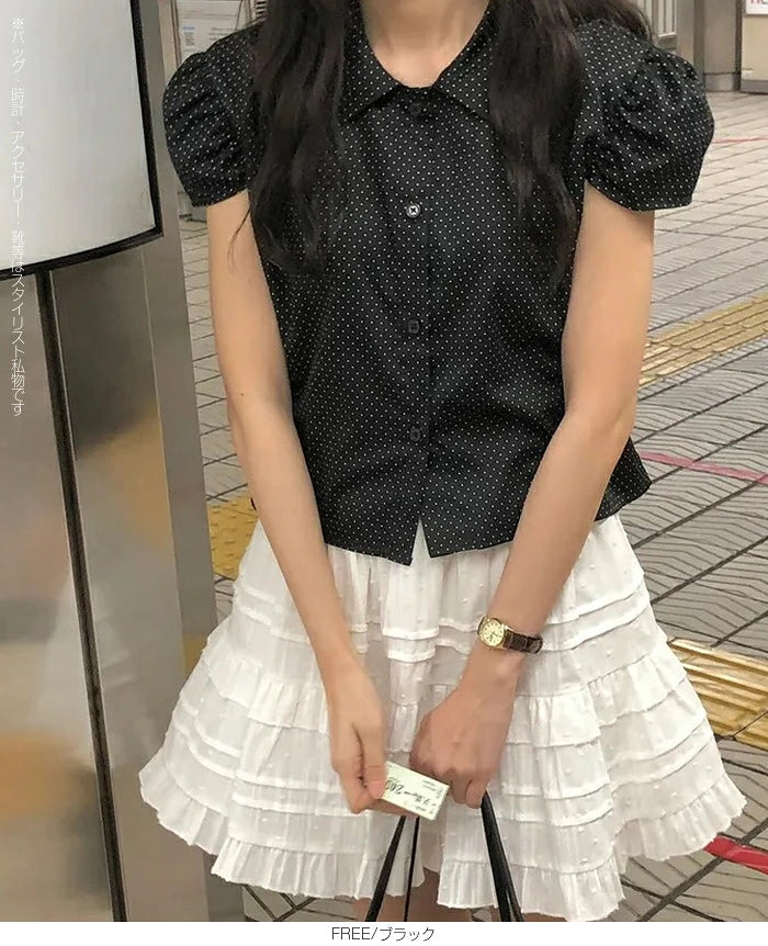 パフスリーブドット柄ブラウス