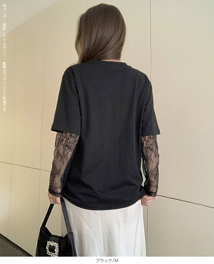 レース袖ドッキングtシャツ