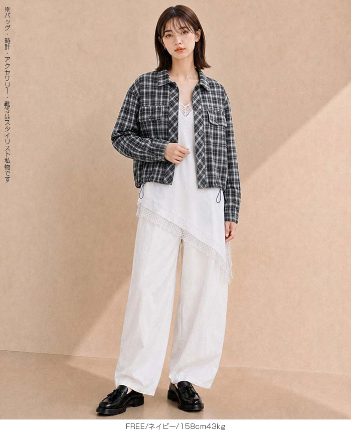 裾ドロストクロップドチェックシャツ