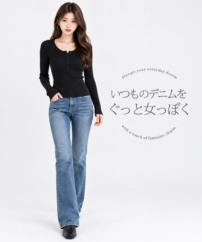 リブ編みヘンリーネックニットトップス