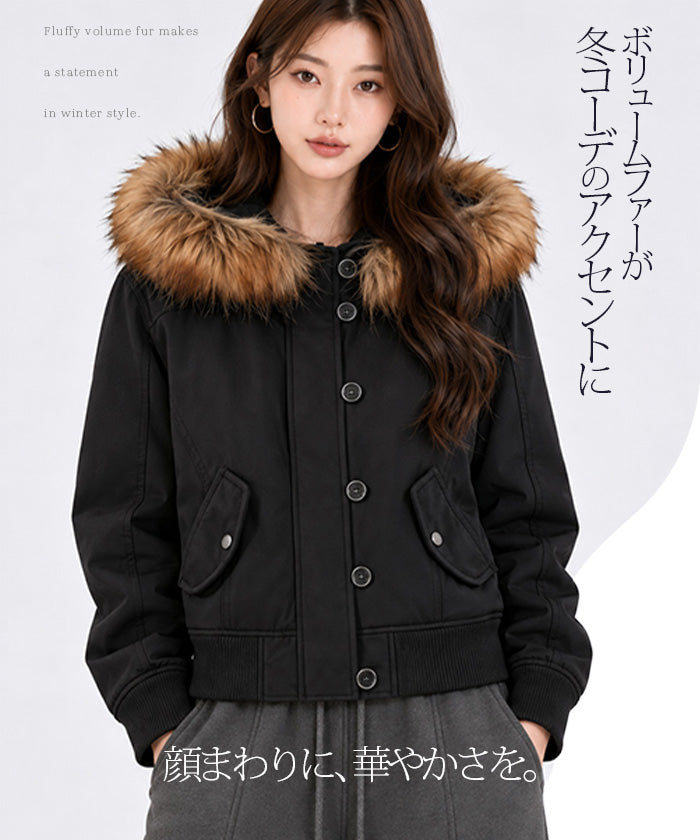 ファーフード付き裏起毛ショートジャケット