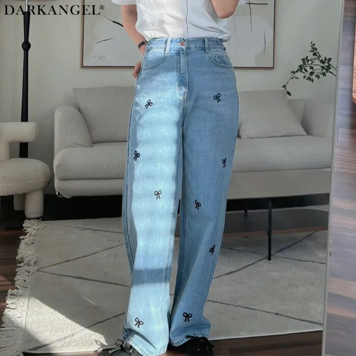 ストレート刺繍リボンデニムパンツ