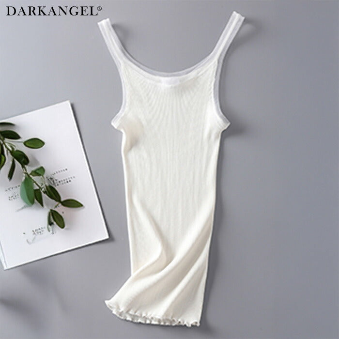 シルク混チュールリブタンクトップ