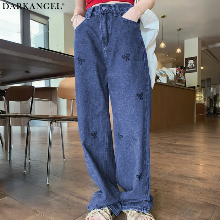 ストレート刺繍リボンデニムパンツ