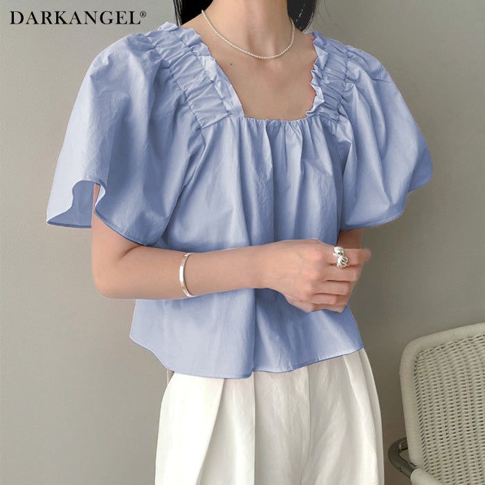 フリルギャザー入りスクエアネックブラウス